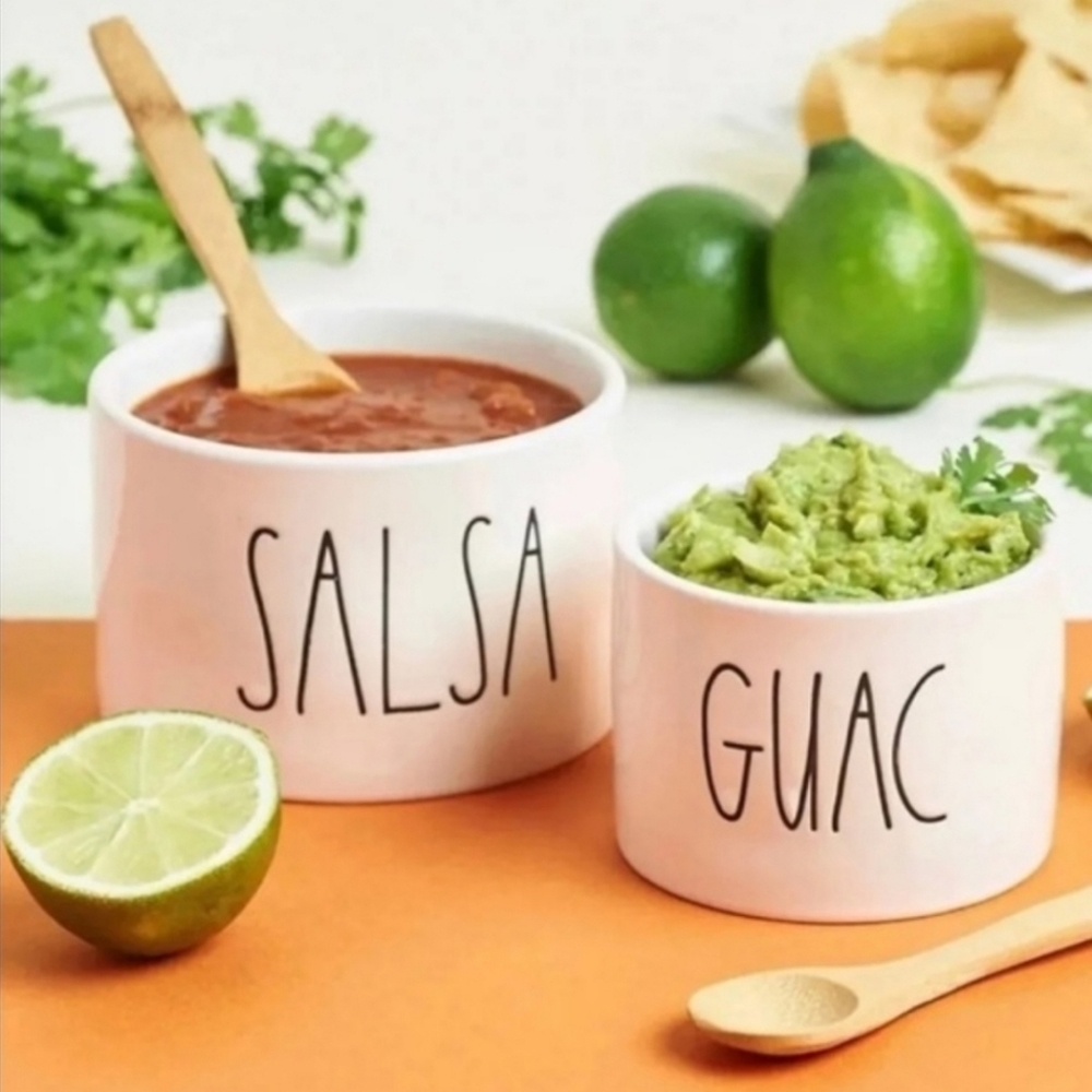 Rae Dunn Guac and Salsa Serveware Set with two Bamboo spoons